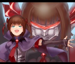  :d amami_haruka aqua_eyes bow brown_hair cape commentary_request dark_haruka elbow_gloves female fingerless_gloves gloves harustein idolmaster idolmaster_(classic) jyon letterboxed mecha mujin_gattai_kisaragi necktie open_mouth outstretched_arm outstretched_hand robot smile 