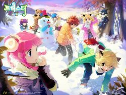  4boys 4girls animal_ears blonde_hair blue_hair blunt_bangs boots braid buffalo_(trickster) bunny_(trickster) cat_(trickster) cat_ears coat denim dragon_(trickster) fingerless_gloves fox_(trickster) glasses gloves green_eyes horns jeans korean_text lion_(trickster) long_hair multiple_boys multiple_girls oerba_yun_fang open_mouth pants photoshop_(medium) pink_hair purple_eyes purple_hair rabbit_ears raccoon_(trickster) red_hair scarf sheep_(trickster) short_hair skirt snow snowman trickster_(ntreev_soft) 