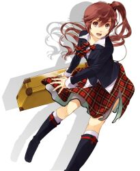  bad_id bad_pixiv_id boots brown_eyes brown_hair case female long_hair open_mouth original plaid plaid_skirt shibanashi_miso side_ponytail skirt solo 