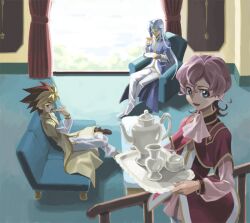  3boys closed_eyes commentary_request cup dyed_bangs green_eyes iii_(yu-gi-oh!) iv_(yu-gi-oh!) long_hair multicolored_hair multiple_boys nami_(namiko) pink_hair saucer scar tea teapot tray two-tone_hair v_(yu-gi-oh!) yu-gi-oh! yu-gi-oh!_zexal 