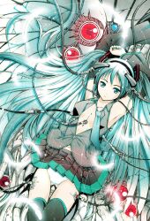  android armpits commentary_request detached_sleeves female hatsune_miku headphones highres long_hair moonsorrow panties partial_commentary solo thighhighs twintails underwear vocaloid 