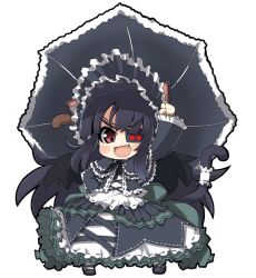  :d animal_ears black_hair black_umbrella chibi commentary_request dress eyepatch female gothic_lolita lolita_fashion mirai_(senran_kagura) oerba_yun_fang open_mouth red_eyes rikumaru senran_kagura senran_kagura_shoujo-tachi_no_shin&#039;ei simple_background smile tail umbrella v-shaped_eyebrows white_background 