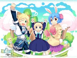  1boy 2girls angel_wings animal_ears blonde_hair blue_eyes blue_hair blush bow boxing_gloves braid bunny_(trickster) cat_ears dress frills green_eyes headband hood hoodie jacket lion_(trickster) long_hair multiple_girls oerba_yun_fang one_eye_closed open_mouth pleated_skirt rabbit_ears red_eyes short_hair shorts skirt trickster_(ntreev_soft) twin_braids wings 