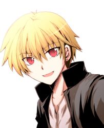  1boy blonde_hair casual commentary_request fate/stay_night fate_(series) gilgamesh_(fate) gilgamesh_(immoral_biker_jacket)_(fate) male_focus minafuni official_alternate_costume red_eyes short_hair solo white_background 