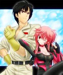  1boy belt black_gloves black_hair blue_sky breasts brown_eyes choker choujuu_kishin_dancouga cleavage cloud collarbone commentary_request crossover dancouga_(series) day female fingerless_gloves fujiwara_shinobu gloves grin hidaka_aoi juusou_kikou_dancouga_nova letterboxed locked_arms medium_breasts one_eye_closed photoshop_(medium) pilot_suit pink_hair red_eyes sky smile watarui yellow_gloves 