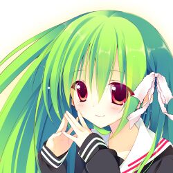  blush commentary_request female green_hair hair_ribbon long_hair lowres original photoshop_(medium) red_eyes ribbon sakura_hanpen school_uniform serafuku smile solo steepled_fingers 