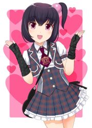  :d bag black_hair blush commentary_request female fingerless_gloves gloves ha-ru hair_bobbles hair_ornament heart momochi_minami open_mouth photoshop_(medium) plaid purple_eyes real_life short_hair side_ponytail skirt smile solo 