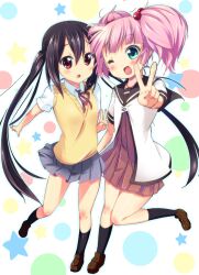  2girls :d ;d aqua_eyes bad_id bad_pixiv_id black_hair black_socks crossover hair_bobbles hair_ornament k-on! kurou_(quadruple_zero) leg_up long_hair multiple_girls nakano_azusa nanamori_school_uniform one_eye_closed open_mouth painttool_sai_(medium) pink_hair red_eyes sakuragaoka_high_school_uniform school_uniform serafuku shoes skirt smile socks sweater_vest twintails v yoshikawa_chinatsu yuru_yuri 