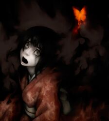  black_hair bug butterfly colored_skin commentary_request darkness empty_eyes fatal_frame fatal_frame_2 female genk ghost grey_eyes grey_skin highres japanese_clothes kimono obi open_mouth sash solo tachibana_chitose tears white_skin 