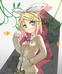  blonde_hair blue_eyes cardigan commentary_request female hair_ornament hair_ribbon hairclip heart kagamine_rin looking_at_viewer ribbon short_hair skirt smile unomi vocaloid 