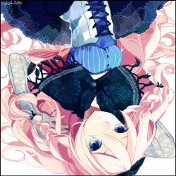  bad_id bad_pixiv_id blonde_hair braid corset cross-laced_clothes cross-laced_corset elbow_gloves female fen_renlei gloves ia_(vocaloid) long_hair looking_at_viewer pink_hair solo twin_braids upside-down vocaloid 