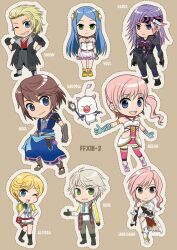  &eacute;clair_farron 3girls 5boys alyssa_zaidelle armor blonde_hair blue_eyes blue_hair brown_background brown_hair caius_ballad character_cutout character_name chibi coat commentary_request copyright_name final_fantasy final_fantasy_xiii final_fantasy_xiii-2 gloves green_eyes grin headband hope_estheim long_hair micha_(chaho) mog moogle multiple_boys multiple_girls noel_kreiss one_eye_closed paddra_nsu-yeul pink_hair purple_hair serah_farron smile snow_villiers staff white_hair 