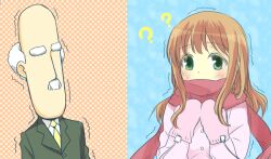  1boy ? achiga_school_uniform bald brown_hair commentary_request covering_own_mouth crossover ds_(ndsl) facial_hair female green_eyes hidamari_sketch long_hair matsumi_yuu mittens photoshop_(medium) principal_(hidamari_sketch) saki_(manga) saki_achiga-hen scarf school_uniform trait_connection trembling 