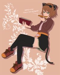  animal_ears aqua_eyes book bread bread_slice brown_hair cat_ears cat_tail commentary_request crossed_legs eating female food hairband hanosuke holding holding_book official_alternate_costume open_book rita_mordio rita_mordio_(catgirl_waitress) sitting skirt solo tail tales_of_(series) tales_of_vesperia thighhighs toast translated 