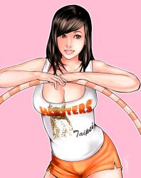  bad_id bad_pixiv_id bird breasts cleavage clothes_writing employee_uniform female hoop hooters hula_hoop kusagami_style large_breasts lips orange_shorts original owl photoshop_(medium) short_shorts shorts simple_background solo standing uniform 