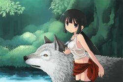  animal bad_id bad_pixiv_id black_hair blue_eyes female forest jewelry kouno_hikaru midriff nature navel original pendant ponytail thighhighs water wolf 