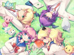  4girls animal_ears blazer blonde_hair blue_eyes blunt_bangs book bow braid cat_(trickster) cat_ears dragon_(trickster) flower green_eyes horns jacket lion_(trickster) multiple_girls necktie pink_hair purple_eyes purple_hair school_uniform sheep_(trickster) trickster_(ntreev_soft) twintails 