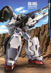  absurdres armor artist_request blue_sky cloud day desert gundam gundam_00 gundam_virtue highres huge_weapon machinery mecha no_humans outdoors powering_up robot rock sky standing weapon 