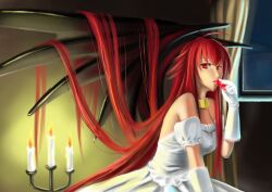  absurdres ahoge bat_wings candle candles ccjn chess_piece dress female gloves high_school_dxd highres long_hair red_eyes red_hair rias_gremory solo wedding_dres wedding_dress white_dress white_gloves wing wings 