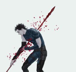  1boy ahoge alternate_body_fluid black_hair commentary_request diarmuid_ua_duibhne_(lancer)_(fate) fate/zero fate_(series) gae_dearg_(fate) highres impaled injury kittybunnypony male_focus petals photoshop_(medium) polearm solo spear spoilers stab weapon white_background 