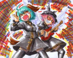  2girls alternate_costume animal_ears bespectacled black_hair blush_stickers choujuu_gigaku closed_eyes commentary_request glasses green_hair grin guitar hat instrument kasodani_kyouko kawachi_koorogi marker_(medium) multiple_girls music mystia_lorelei oerba_yun_fang open_mouth pink_hair short_hair singing smile symposium_of_post-mysticism tail thighhighs touhou traditional_media wings zettai_ryouiki 