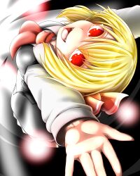  \||/ arms_up ascot bad_id bad_pixiv_id blonde_hair colored_eyelashes darkness fangs female hair_ribbon hands haseru_(ginku_mh) highres long_sleeves looking_back looking_up open_hand open_mouth red_eyes ribbon rumia short_hair skirt skirt_set smile solo touhou 