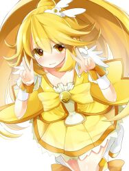  blonde_hair boots bow breasts choker cleavage collarbone commentary_request cure_peace double_v dress female hair_flaps hair_ornament highres kakao_(chocolate_land) magical_girl precure skirt small_breasts smile_precure solo tears v yayoi_kise yellow_bow yellow_choker yellow_eyes yellow_skirt yellow_theme 