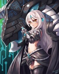  armor black_armor commentary_request ecell elsword eve_(elsword) female gloves green_background long_hair mecha_musume midriff navel photoshop_(medium) solo thighhighs white_hair yellow_eyes 