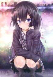  :o black_hair black_socks blush cardigan commentary_request female hair_ornament hairclip highres kneehighs long_hair looking_at_viewer original purple_eyes river school_uniform sleeves_past_wrists socks solo squatting wingheart 