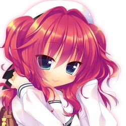  aqua_eyes bag blush commentary_request female hair_intakes hat lowres original photoshop_(medium) red_hair ruffling_hair sazaki_ichiri school_bag school_uniform serafuku smile solo two_side_up 