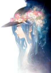  blue_hair bonnou-s-rice commentary_request daisy female flower hat hinanawi_tenshi lips long_hair parted_lips profile red_eyes solo touhou upper_body very_long_hair 