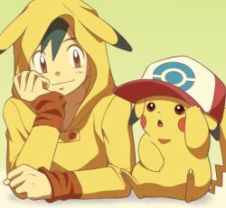  1boy baseball_cap boy cosplay costume_switch eared_hoodie hat lolicon male male_focus pikachu pikachu_(cosplay) pokemon pokemon_(anime) satoshi_(cosplay) satoshi_(pokemon) satoshi_(pokemon)_(cosplay) solo 