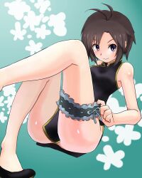  ahoge ass bad_anatomy black_hair bridal_garter china_dress chinese_clothes commentary_request dress female idolmaster idolmaster_(classic) kikuchi_makoto meteors no_panties purple_eyes shoes short_hair sitting smile solo 