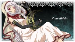  bad_id dress elbow_gloves female fingerless_gloves gloves hood jewelry long_hair name_(1775) pane_dhiria_(vocaloid) pendant red_eyes scarf solo sukone_tei utau white_hair 