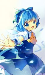  ascot bad_id bad_pixiv_id blue_dress blue_eyes blue_hair bow cirno dress female hairbow open_mouth outstretched_arms pf shirt short_hair smile solo touhou wings wrist_cuffs 