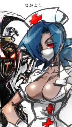  2girls blue_hair breasts choker cleavage commentary_request dark-skinned_female dark_skin g=hikorou hair_over_one_eye hat highres large_breasts mask multiple_girls nurse nurse_cap painwheel_(skullgirls) red_eyes skullgirls valentine_(skullgirls) 