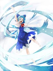  arm_above_head attack barefoot blue_dress blue_eyes blue_hair bow cirno commentary_request dress female hairbow ice ice_wings neck_ribbon open_mouth ribbon short_hair short_sleeves solo totteri touhou wings 