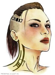  alternate_hairstyle brown_eyes brown_hair buzz_cut collarbone eyeshadow face female jack_(mass_effect) jacqueline_nought lips lipstick makeup mass_effect mass_effect_3 mohawk myksomatosis ponytail solo tattoo 