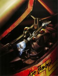  1990s_(style) absurdres cockpit english_text fire_bomber fire_valkyrie guitar highres instrument macross macross_7 mecha nekki_basara no_humans realistic retro_artstyle robot science_fiction tenjin_hidetaka tremolo_arm vf-19 