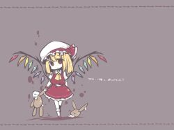  ascot blonde_hair bobby_socks commentary_request female flandre_scarlet grey_background hat hat_ribbon head_tilt kurosu_rino red_eyes ribbon short_hair simple_background skirt skirt_set socks solo stuffed_animal stuffed_rabbit stuffed_toy stuffing touhou translated wings wrist_cuffs 