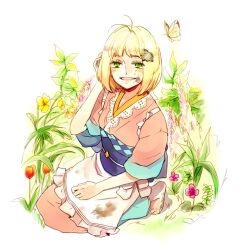  ao_no_exorcist apron barefoot bird blonde_hair blush bob_cut bug butterfly commentary dirt dirty dirty_feet female flower garden green_eyes japanese_clothes kimono looking_at_viewer moriyama_shiemi nature open_mouth pink_kimono smile solo yuru_(kyg719) 