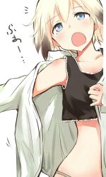  blonde_hair blue_eyes blush brown_hair commentary_request erica_hartmann female gradient_hair multicolored_hair open_clothes open_mouth open_shirt panties shirt short_hair solo strike_witches tank_top tears tsuchii_(ramakifrau) underwear white_background world_witches_series yawning 