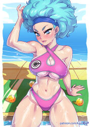  afro artist_name blue_eyes blue_hair blue_headband blue_nails blush breasts bulma_briefs commentary dragon_ball dragon_ball_(object) earrings english_commentary female headband jewelry kajin_(kajinman) mole mole_on_breast ocean shoulder_freckles solo stud_earrings wet 