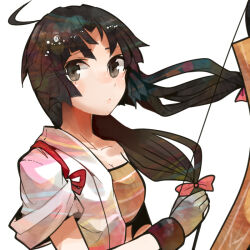  archery bandeau black_hair blouse bow_(weapon) breasts brown_eyes brown_hair female gloves hadanugi_dousa hair_ribbon itomugi-kun japanese_clothes kantai_collection kimono kyuudou long_hair long_sleeves low-tied_long_hair medium_breasts open_clothes open_kimono partially_fingerless_gloves ribbon shirt shouhou_(kancolle) single_glove solo twintails weapon yugake 