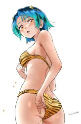  adjusting_clothes adjusting_swimsuit animal_print aqua_hair artist_name ass back beans bikini breasts commentary cone_horns cosplay cowboy_shot fake_horns female from_behind girls_und_panzer highres hiyama_yuu_(wee259hiyama) horns looking_at_viewer looking_back lum lum_(cosplay) open_mouth parted_bangs print_bikini sawa_azusa short_hair signature simple_background small_breasts solo standing strapless strapless_bikini swimsuit tiger_print urusei_yatsura white_background yellow_bikini yellow_eyes 