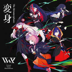  5girls album_cover black_background black_dress black_hair black_headwear blonde_hair blue_eyes blue_hair breasts colored_inner_hair cover dress floating hair_behind_ear hair_over_one_eye harusaruhi hat holding holding_mask isekai_joucho kaf_(kamitsubaki_studio) kamitsubaki_studio koko_(kamitsubaki_studio) low_twintails mask medium_breasts medium_hair mouth_mask multicolored_hair multiple_girls official_art one_eye_covered orange_eyes palow pink_hair purple_eyes red_hair rim_(kamitsubaki_studio) short_hair streaked_hair twintails virtual_youtuber witch_hat 