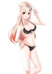  :d alternate_costume bad_id bad_twitter_id bare_shoulders bikini black_bikini black_ribbon blonde_hair collarbone feet_out_of_frame female gradient_hair hair_flaps hair_ornament hair_ribbon hairclip hand_on_own_hip highres kantai_collection long_hair looking_at_viewer midriff multicolored_hair navel numarinko open_mouth red_eyes ribbon simple_background smile solo swimsuit v white_background yuudachi_(kancolle) yuudachi_kai_ni_(kancolle) 