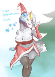  3_fingers absurd_res anthro asymmetry breasts christmas christmas_clothing christmas_headwear clawed_fingers claws clothing costume dragon female fingers fur generation_5_pokemon grey_body grey_skin hair hat headgear headwear hi_res holidays horn ice kyurem legendary_pokemon legwear long_neck looking_at_viewer mythological_creature mythological_scalie mythology navel nintendo non-mammal_breasts open_mouth pokemon pokemon_(species) santa_costume santa_dress santa_hat scalie shirokyure_(watte) simple_background solo stockings text tied_hair watte white_hair white_kyurem yellow_eyes 