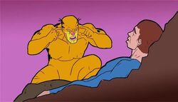  2021 5_fingers anthro beaten clothed clothing duo fingers garfield_(series) garfield_the_cat hi_res humanoid humor image_comics invincible_(comics) jon_arbuckle lying lying_on_ground male meme on_back on_ground think_mark_think! unknown_artist yellow_body 