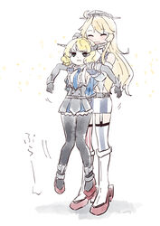  2girls absurdres american_flag_legwear asymmetrical_legwear black_pantyhose blonde_hair blue_necktie braid breasts capelet carrying carrying_person closed_eyes colorado_(kancolle) commentary_request elbow_gloves fingerless_gloves garrison_cap garter_straps gloves grey_headwear hat headgear highres iowa_(kancolle) kantai_collection large_breasts long_hair mismatched_legwear multiple_girls nami_nami_(belphegor-5812) necktie pantyhose short_hair side_braids size_difference skirt striped_clothes striped_skirt striped_thighhighs thighhighs vertical-striped_clothes vertical-striped_skirt vertical-striped_thighhighs 